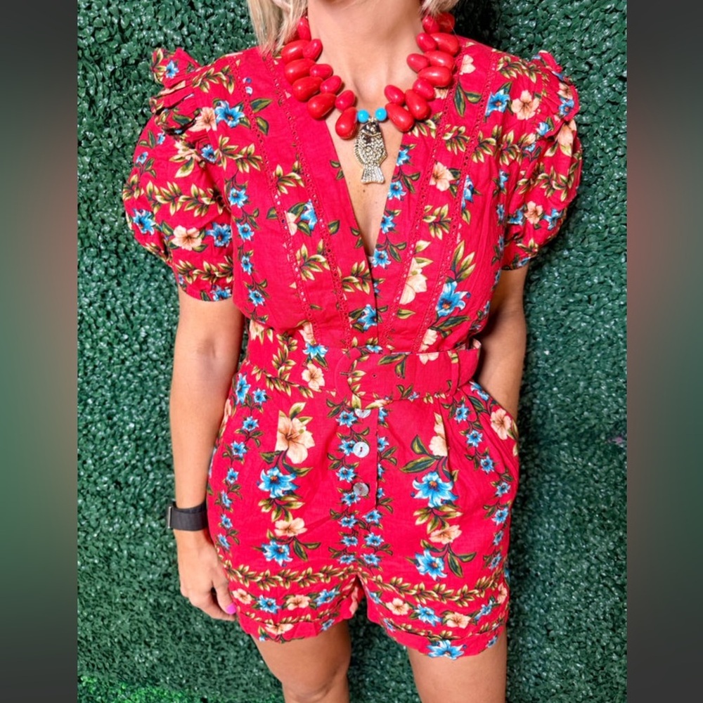 Olivaceous Coral Red Floral V-Neck Romper
